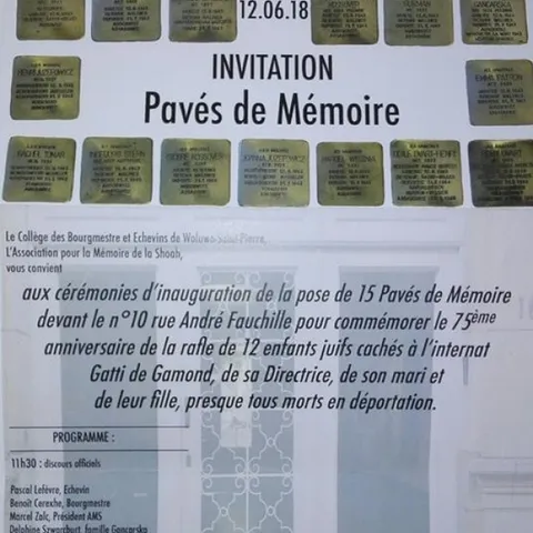 Invitation pour l'inauguration des pavés de Mémoire posés rue André Fauchille 10 à Woluwé -Saint -Pierre 12 juin 2018