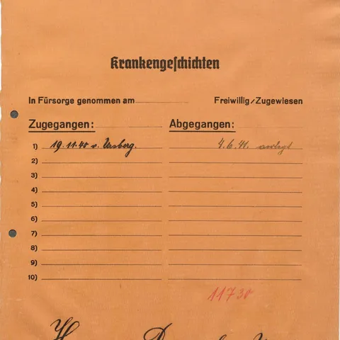 Aktendeckel der in Kaufbeuren angelegten Krankenakte, Bezirksarchiv Schwaben, BKH Krankenakte Dominikus Harnauer
